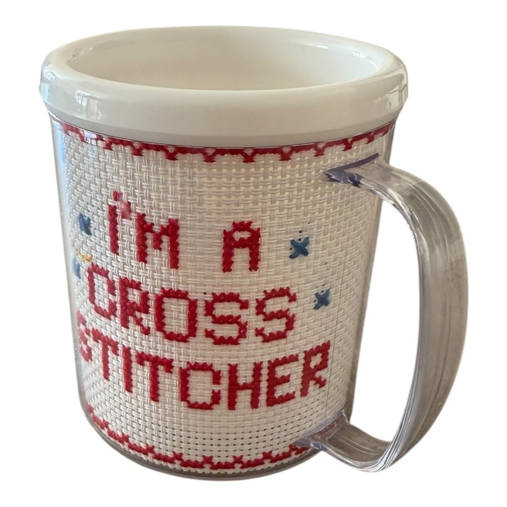 Vintage Cross Stitch Mug I’m A Cross Stitcher Plastic Canvas Craft Cup Retro